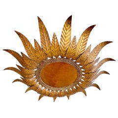 Large Spanish Crown Sunburst fixture in Gilt Metal and frost Glass , circa 1950