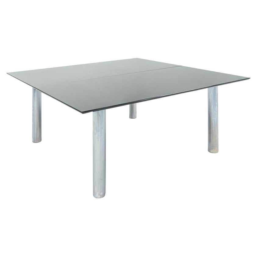 2006 Table de conférence ou de salle à manger sur mesure en granit noir et acier chromé 72x72in