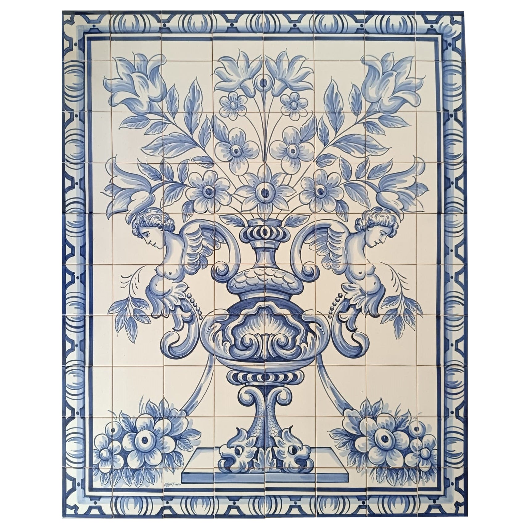 Portuguese Azulejos Tile Mural "Flower Vase" Hand Painted & Signed by Artist