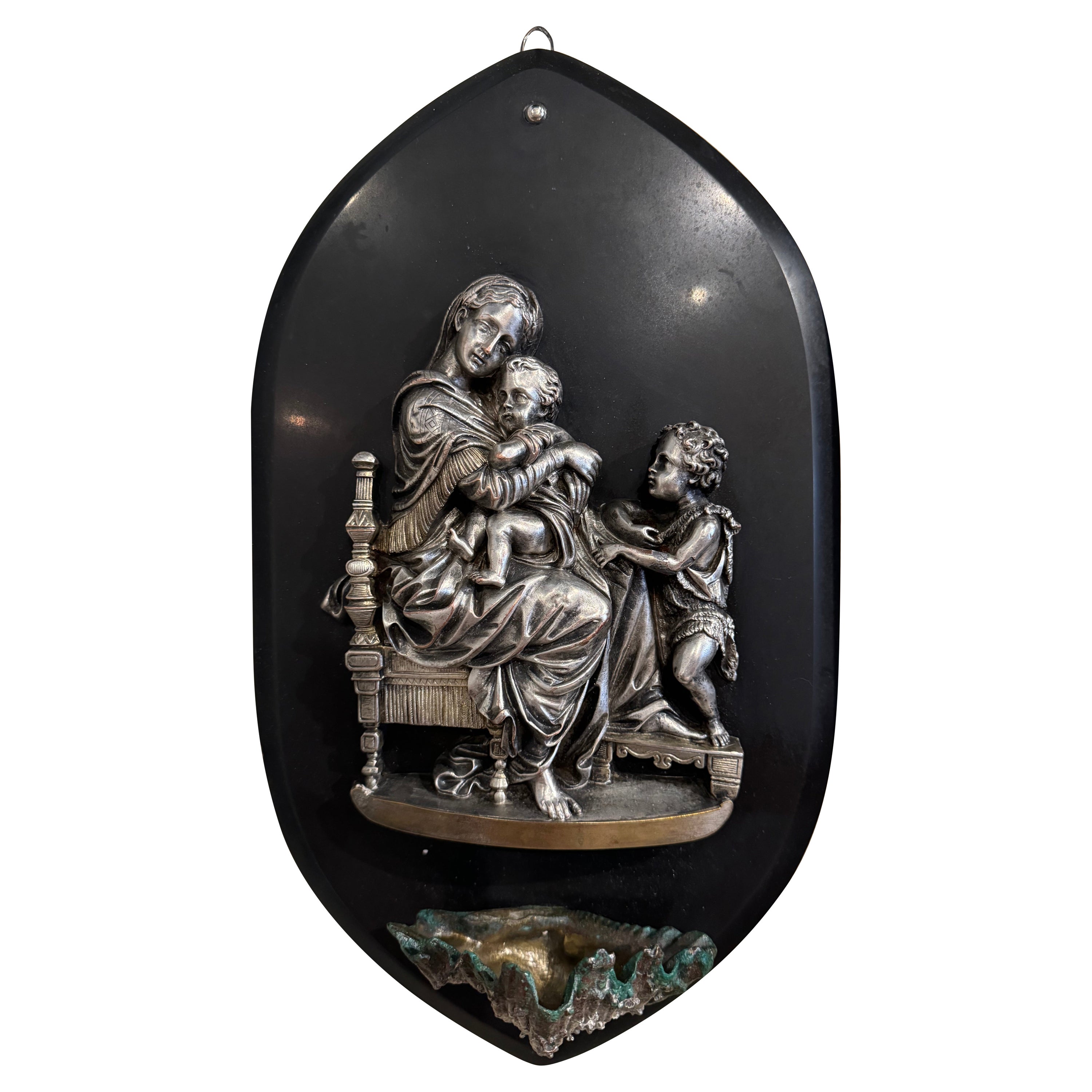 Vintage French Silvered Pewter Holy Water Stoup with Virgin Mary Jesus & John
