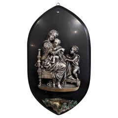 Vintage French Silvered Pewter Holy Water Stoup with Virgin Mary Jesus & John