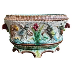 Antique French Majolica Jardinière Crickets Insects Musicians Cache Pot Planter