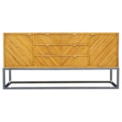 1970s Milo Baughman Style Split Pencil Reed Bamboo & Chrome Credenza or Cabinet