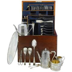 Victorian Sterling Silver 'Venetian' Canteen of Cutlery for 12 and Tea-Set