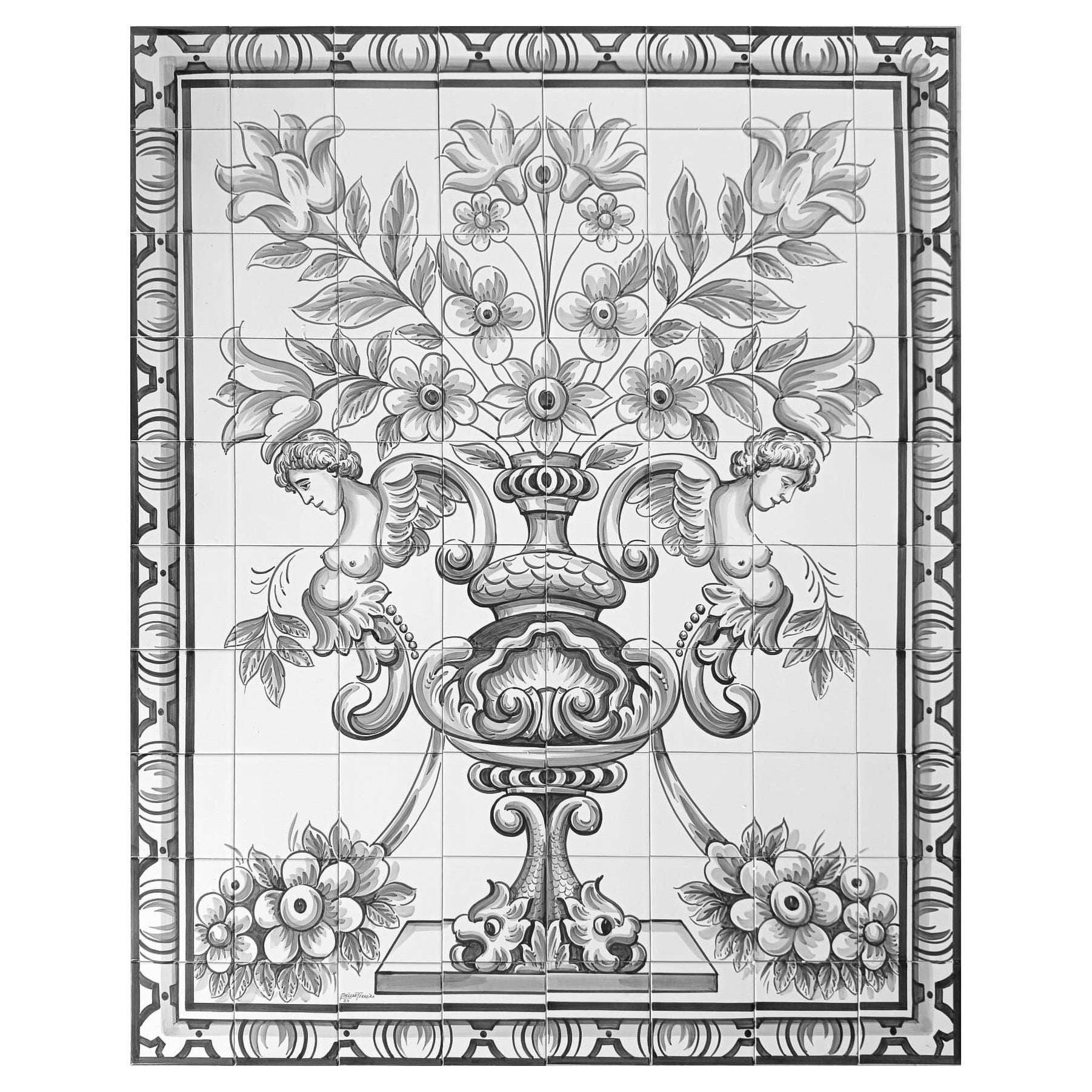 Portuguese Azulejos Tile Mural "Flower Vase" Hand Painted & Signed by Artist