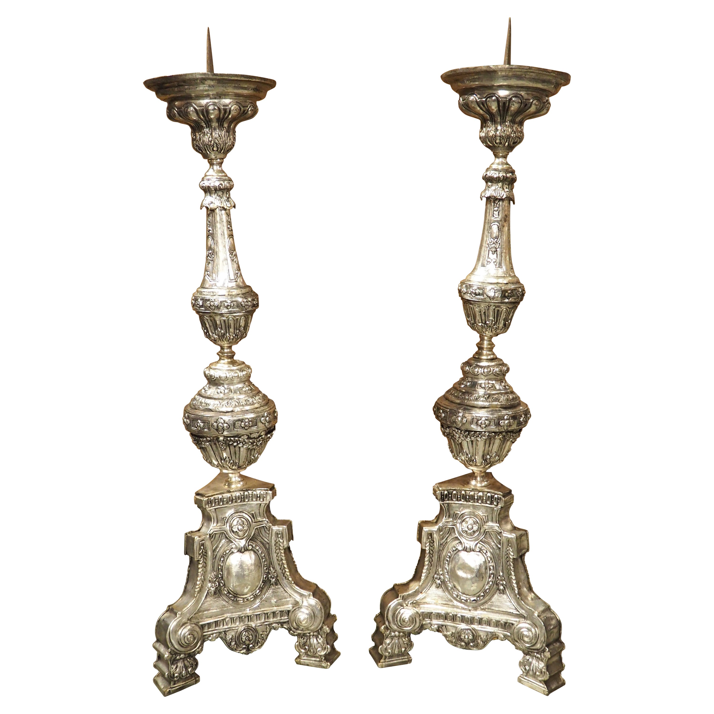 Pair of Tall 18th Century Silvered Brass Candlesticks from France For Sale