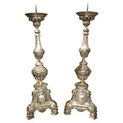 Antique Pair of Tall 18th Century Silvered Brass Candlesticks from France