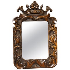 Antique French Carved Walnut Mirror with Stylized Crown, Foliate Decor, C. 1870