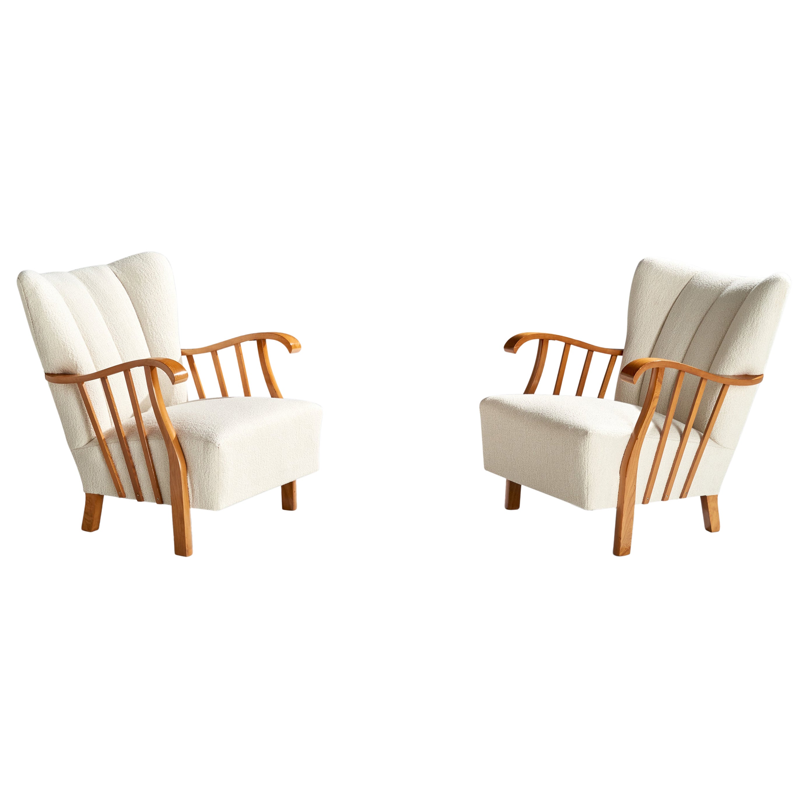 Swedish Designer, Lounge Chairs, Wood, Fabric, Sweden, 1940s