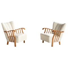 Swedish Designer, Lounge Chairs, Wood, Fabric, Sweden, 1940s