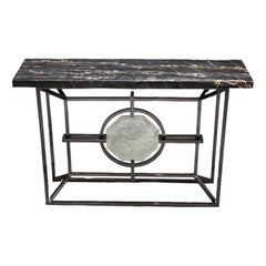 Bespoke Arabescato Corchia Black Marble Top Console Table with Plated Steel Base