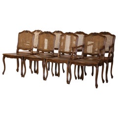 Suite of French Louis XV Carved Walnut and Cane Chairs and Armchairs, Set of 8