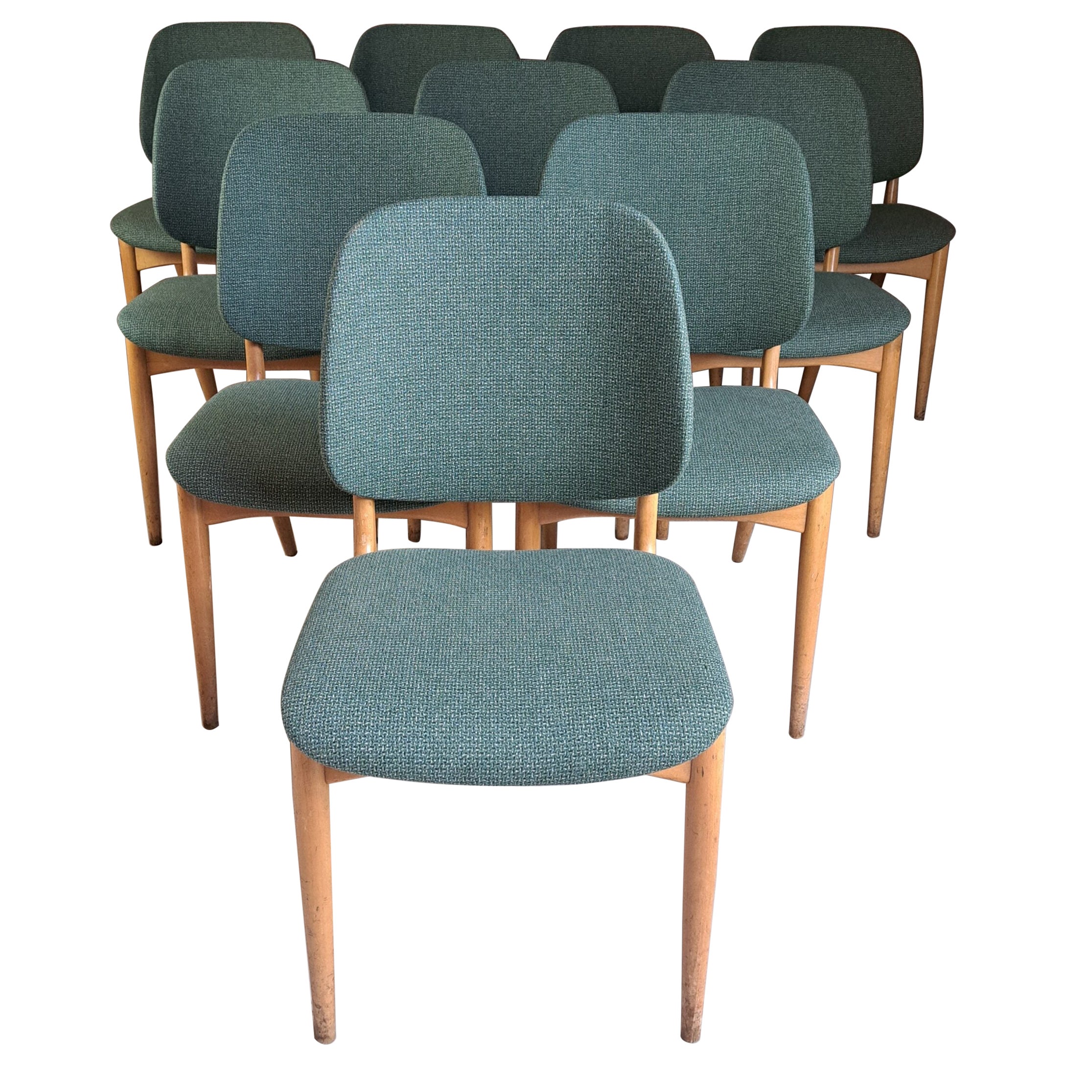 Set di 10 sedie danesi in legno e tessuto, 1970 in vendita