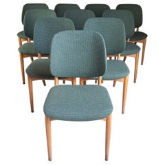 Vintage Set of 10 Danish Chairs in Wood and Fabric, 1970