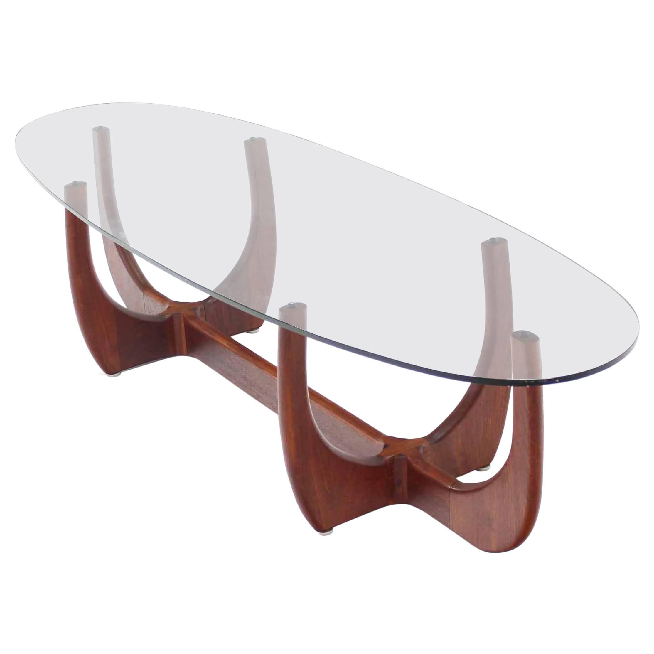 Midcentury Oval Glass Top Sculptured Walnut Base Coffee Table