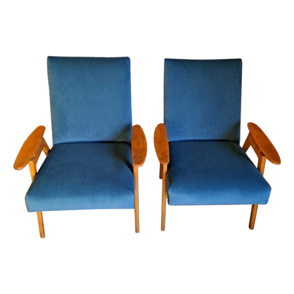 Pair of Midcentury Armchairs in Blue Fabric, Czechoslovakia, 1960