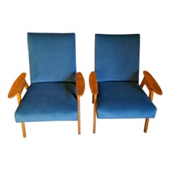 Pair of Midcentury Armchairs in Blue Fabric, Czechoslovakia, 1960