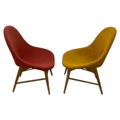 Pair of Armchairs in Red & Yellow Fabric, Czechoslovakia, 1960