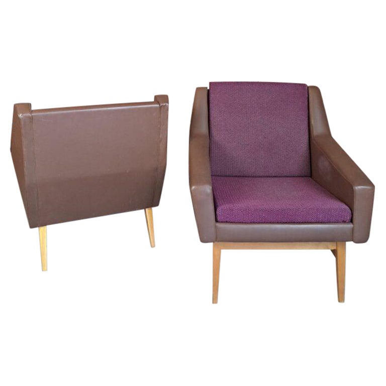 Pair of Midcentury Armchairs in Brown & Purple Fabric, Czechoslovakia, 1960 For Sale