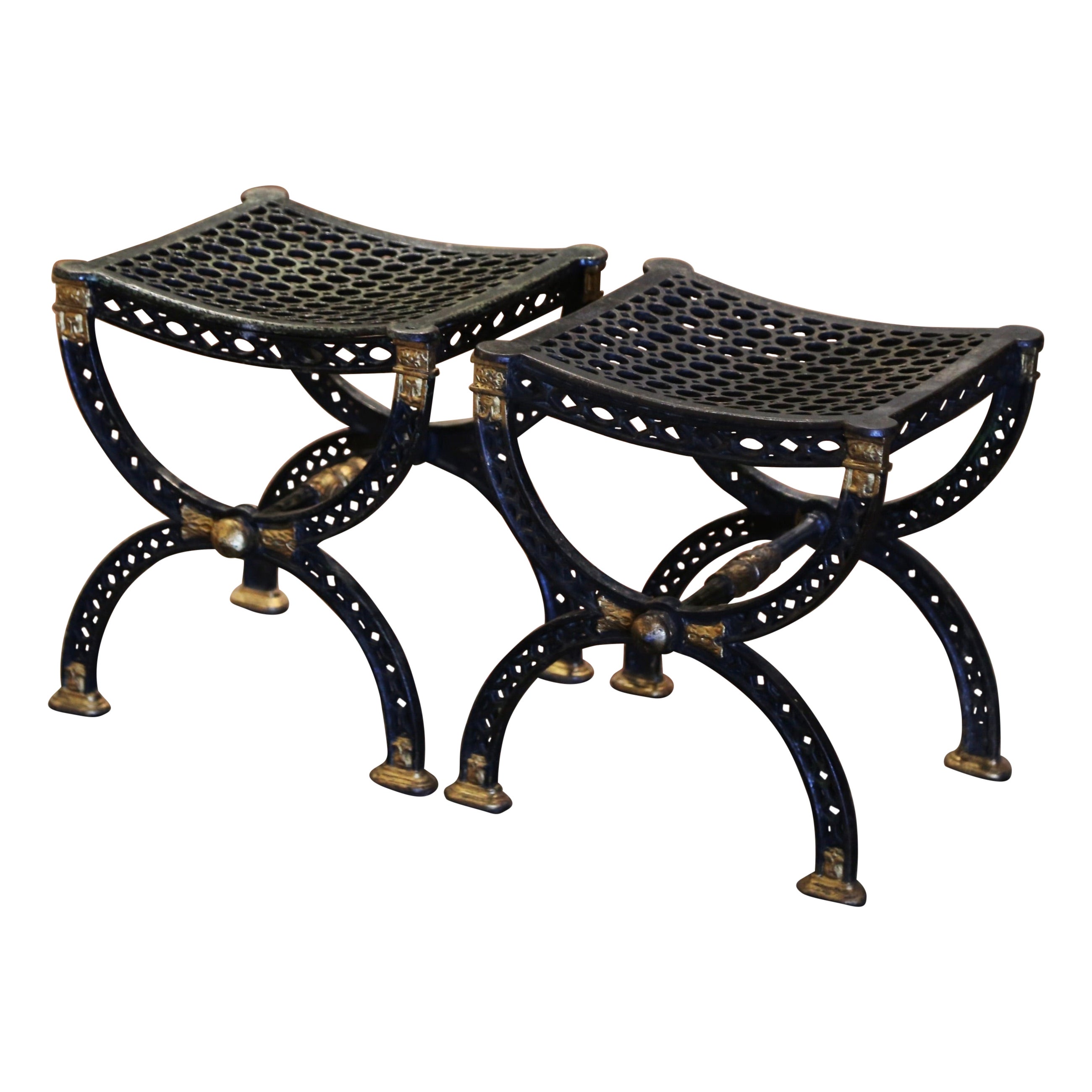 Pair of 19th Century French Black and Gilt Wrought Iron Curule "Dagobert" Stools