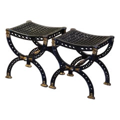 Pair of 19th Century French Black and Gilt Wrought Iron Curule "Dagobert" Stools