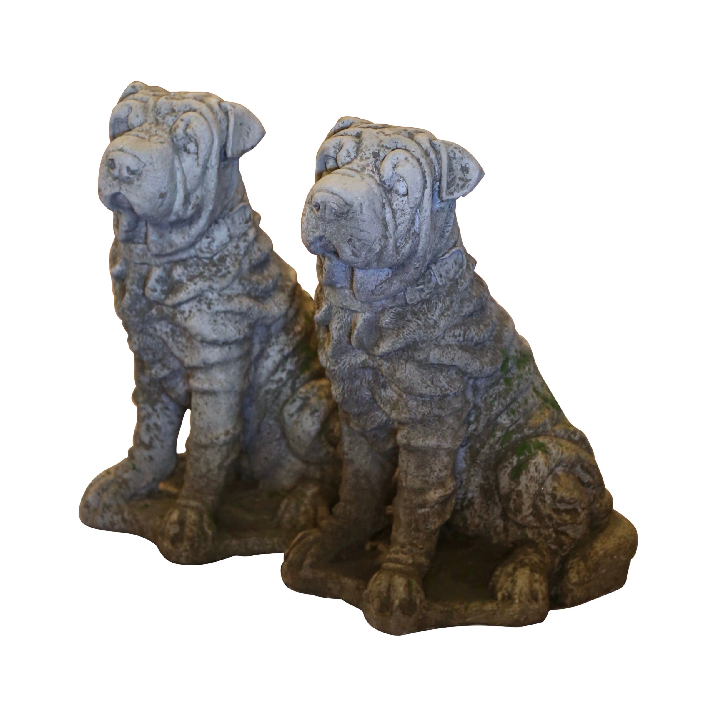 Pair of Vintage French Outdoor Weathered Carved Stone Shar Pei Dog Sculptures