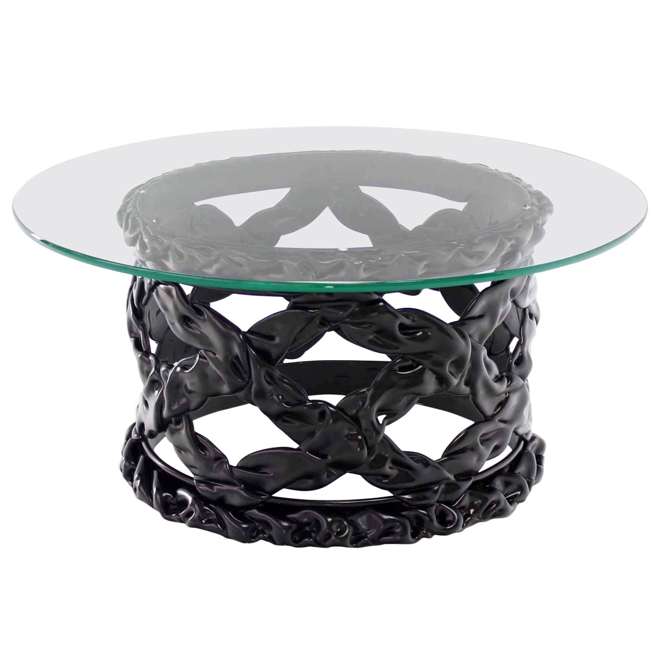 Black Lacquer Spaghetti Style Mid-Century Modern Round Glass Top Coffee Table For Sale