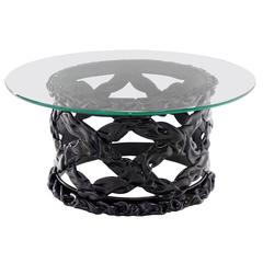 Black Lacquer Spaghetti Style Mid-Century Modern Round Glass Top Coffee Table