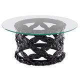 Table basse ronde à plateau en verre de style spaghetti en laque noire, mi-siècle moderne