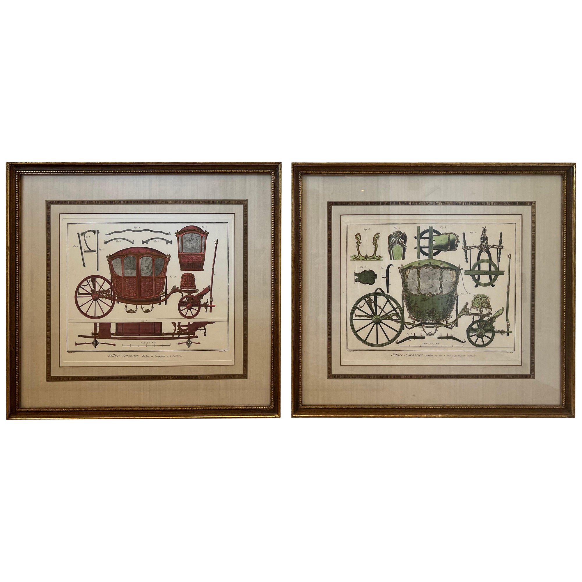 Pair of Framed Denis Diderot Colored Horse Carriages