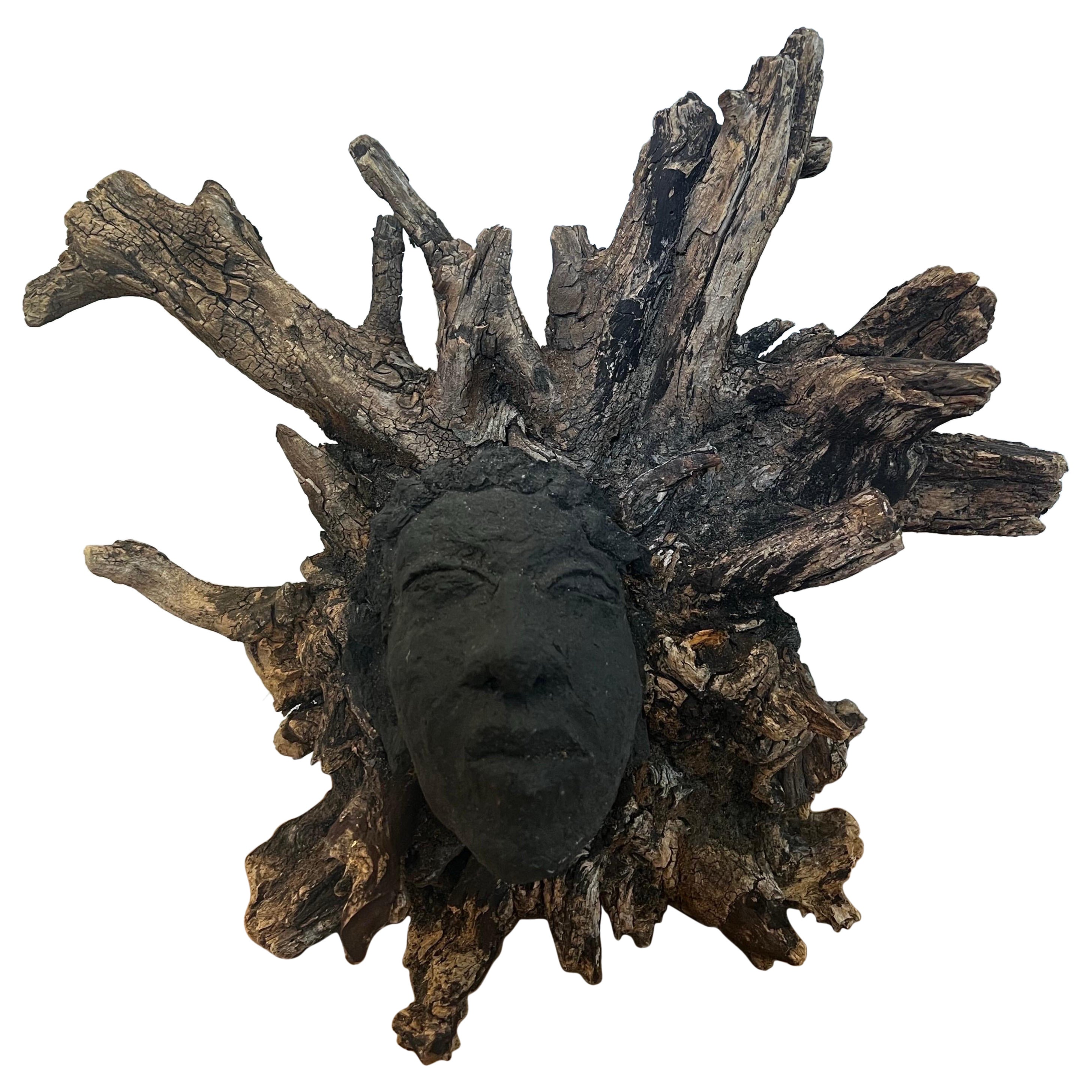 Escultura de Raíz Orgánica con Cara de Roca de Lava Fundida en venta