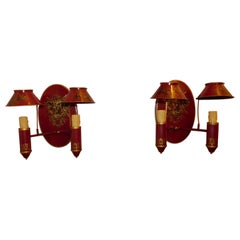 Pair of Italian Tole Red & Gilt Decorative Two Arm Shaded Wall Sconces, 20th C.