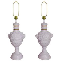 Retro 1960"s Lavender Lacquered Neoclassical Rams Head Lamp Pair