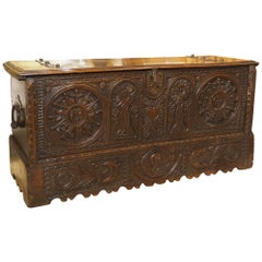 Antique Large and Richly Carved 17th Century Walnut and Oak Trunk from Spain