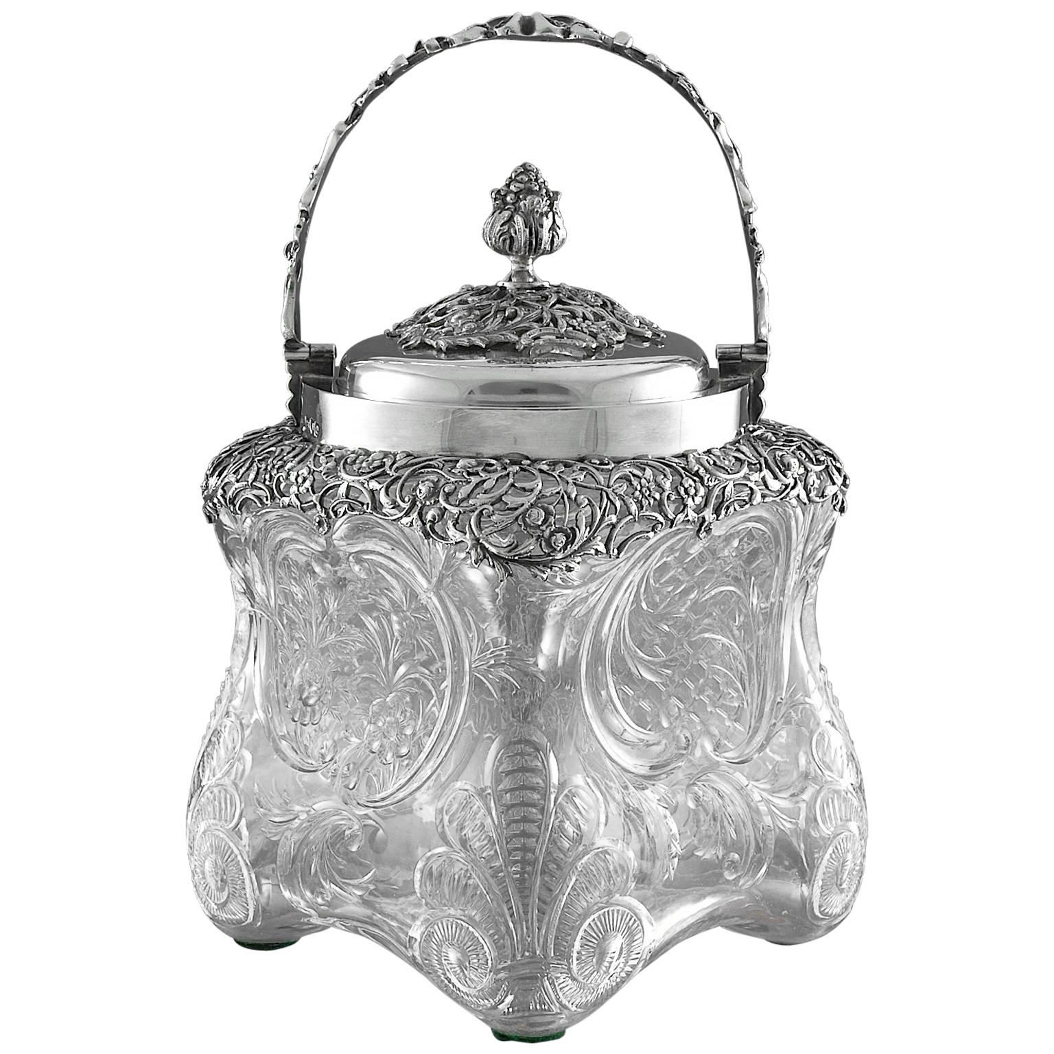 Late Victorian Silver Mounted Intaglio Cut-Glass Biscuit Jar