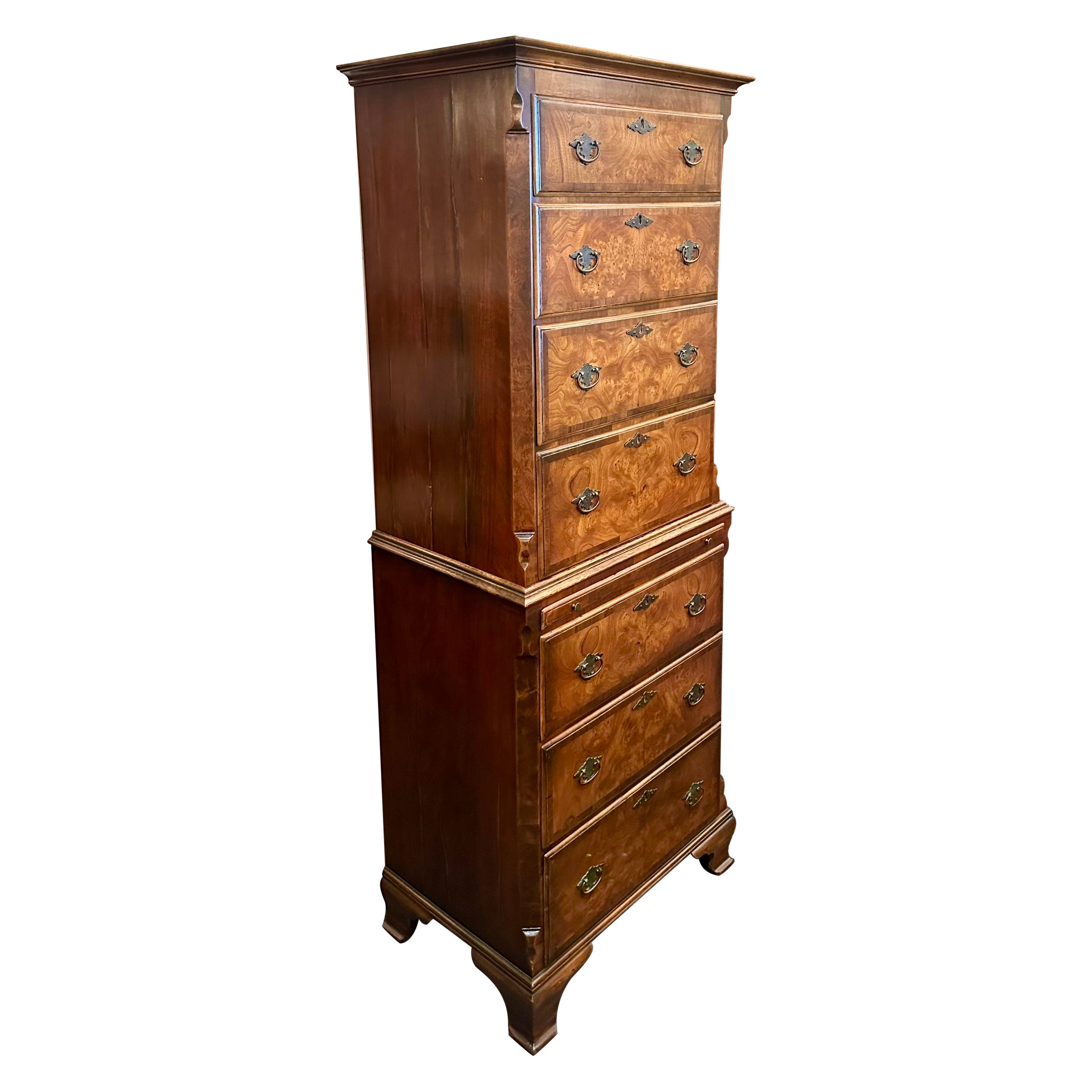 Antique English Edwardian Burled Walnut Chest on Chest, Circa 1900-1910.