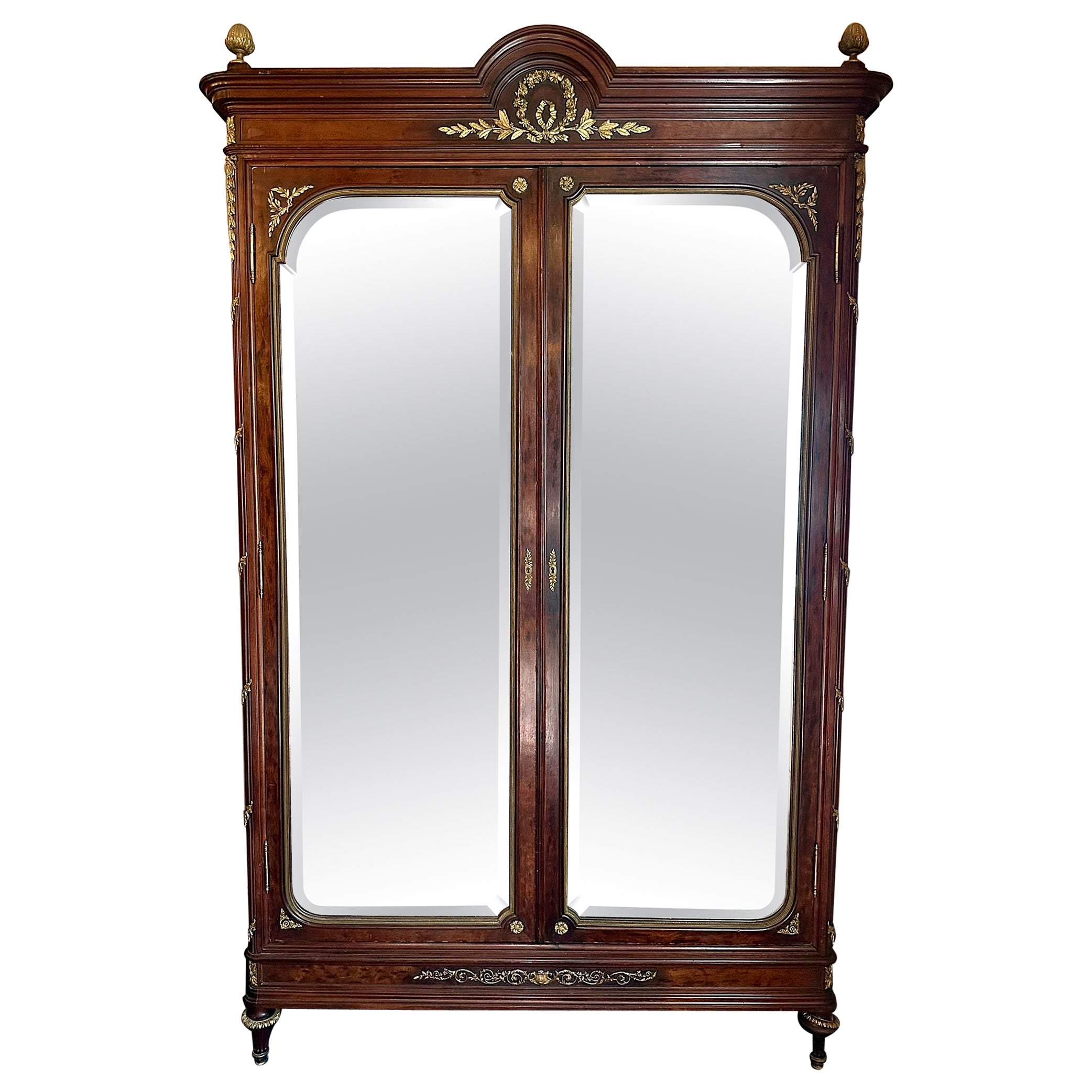 Antique 1890s French Plum Pudding Mahogany & Gold Bronze Mirrored 2 Door Armoire