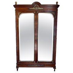 Antique 1890s French Plum Pudding Mahogany & Gold Bronze Mirrored 2 Door Armoire