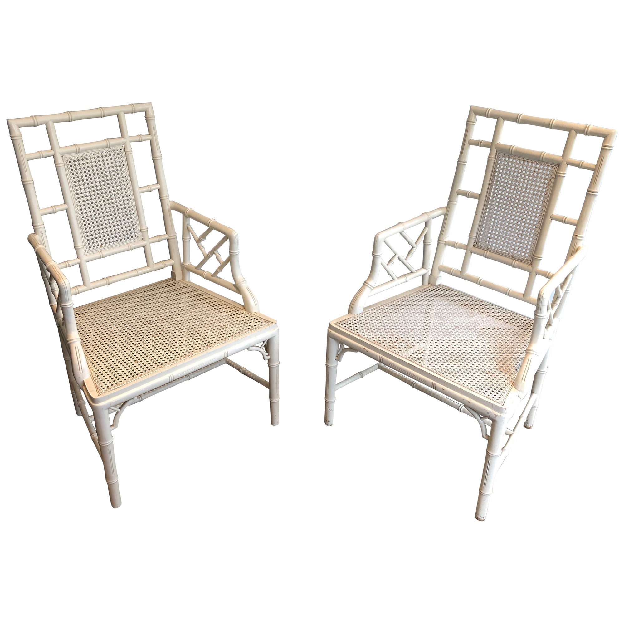 Pair of white lacquered wood faux-bamboo armchairs in the style of Maison Jansen For Sale