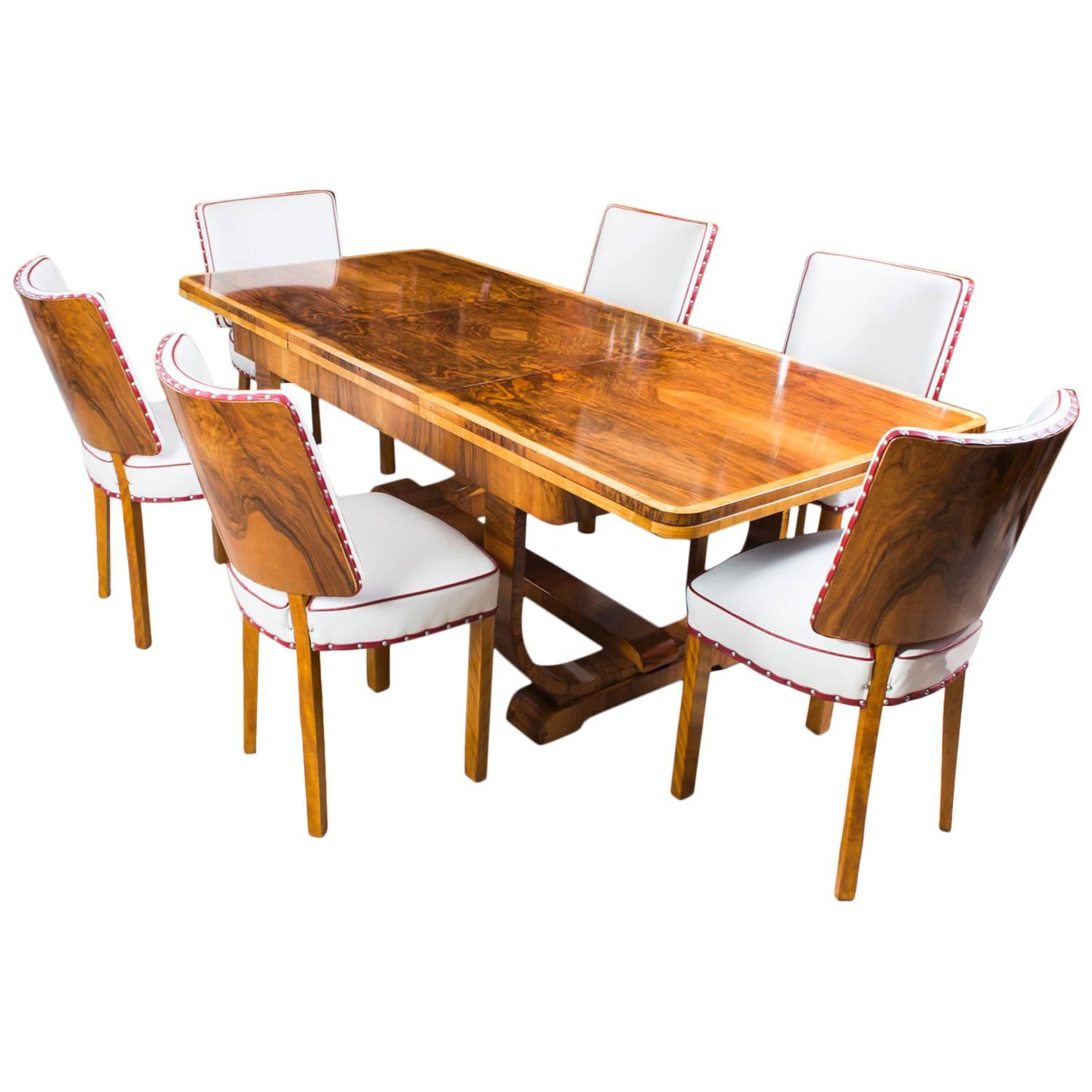 Antique Art Deco Burr Walnut Dining Table and Six Chairs, circa 1930