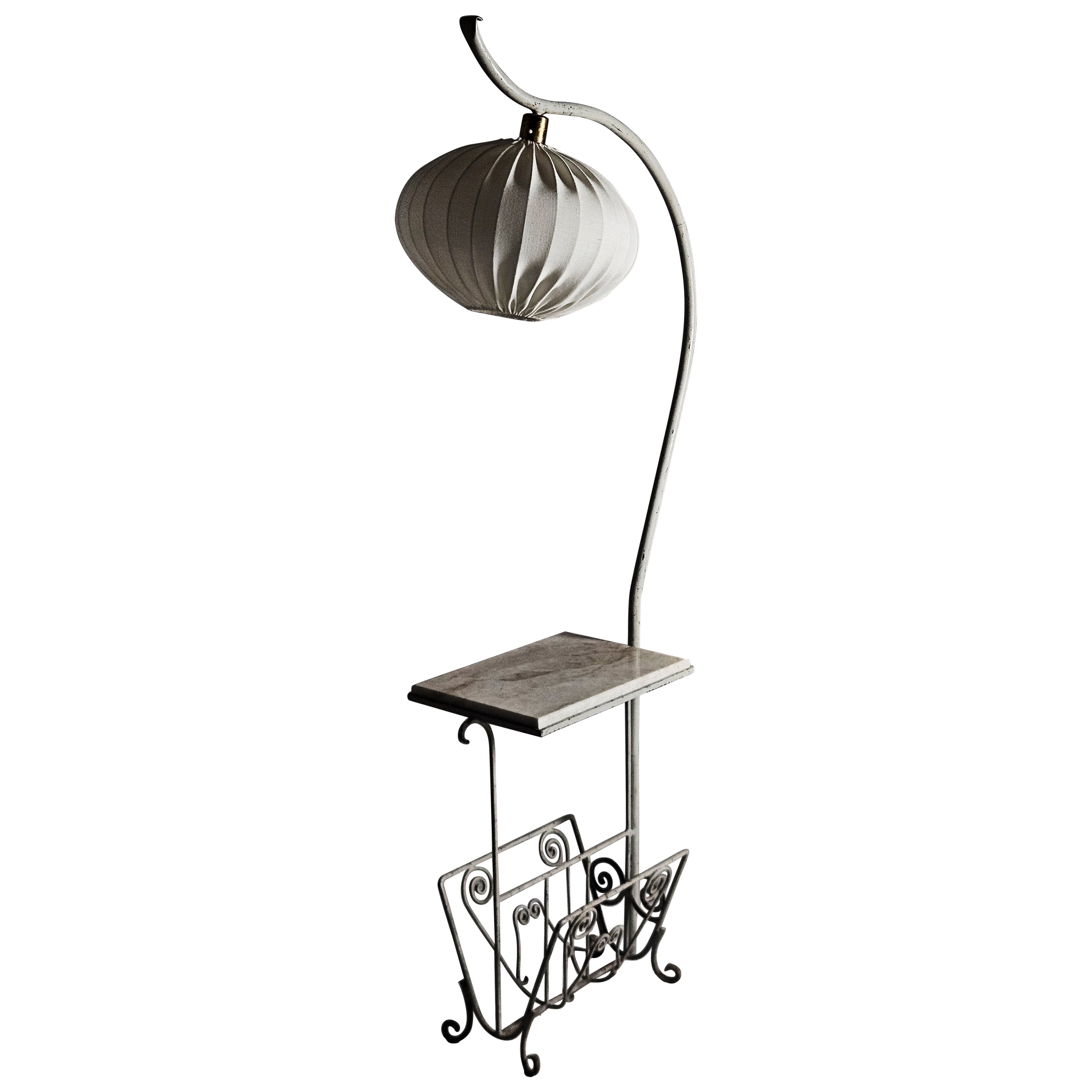 Rare Swedish designer floor lamp with table and magazine rack, 1930s