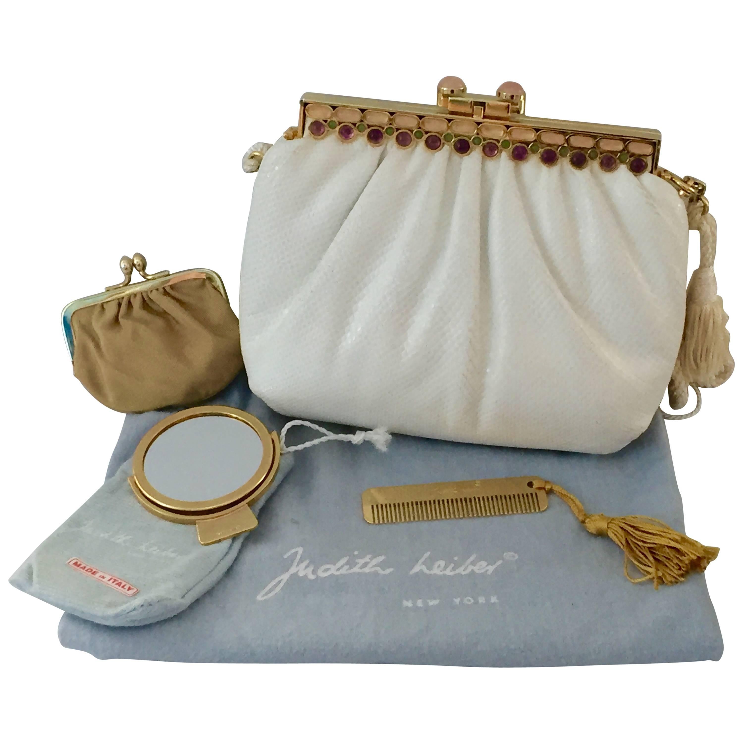 Judith Leiber Bejeweled White Lizard Handbag & Accessories Set