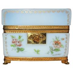 Vintage Wonderful White Opaline Hand-Painted Gilt Bronze Ormolu & Floral Jewelry Box 