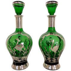 Vintage Pair of Emerald and Silver-Overlay Art Glass Decanters