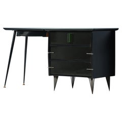 1950s Modernist Vanity Table with Integrated Drawers - Black Lacquer and Brass
