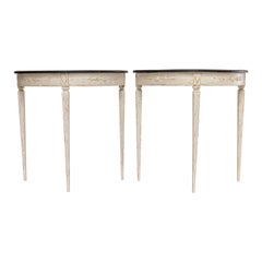 A Pair of White & Black Swedish Gustavian Style Demilune Console Tables