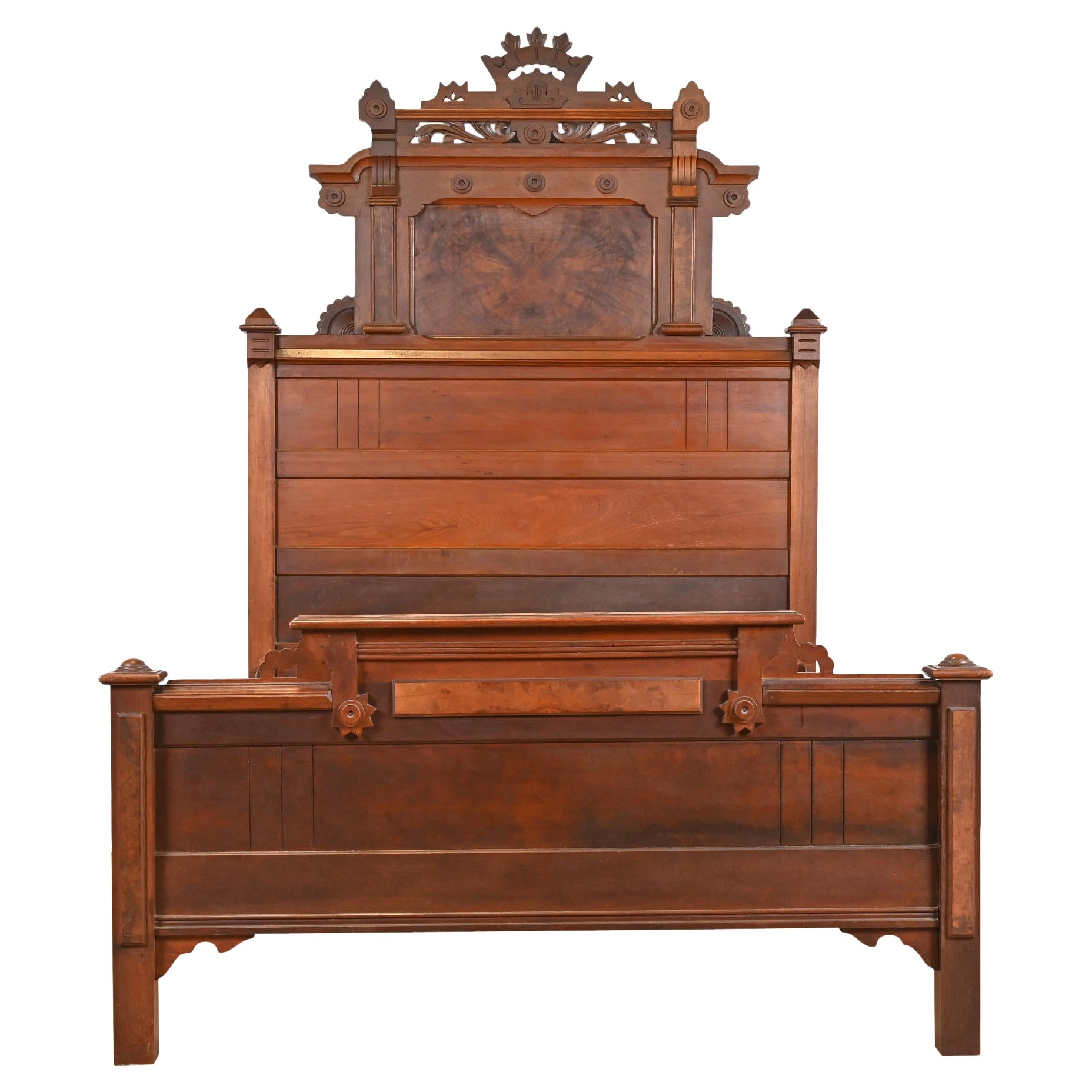 Antique Monumental Eastlake Victorian Carved Burled Walnut Full Size Bed