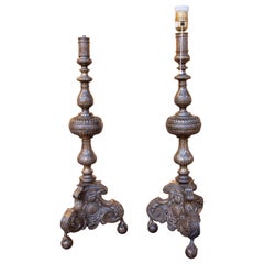 Antique 1950s Pair of Silver Plated Metal Candlesticks with Embossed Work and Claw Feet