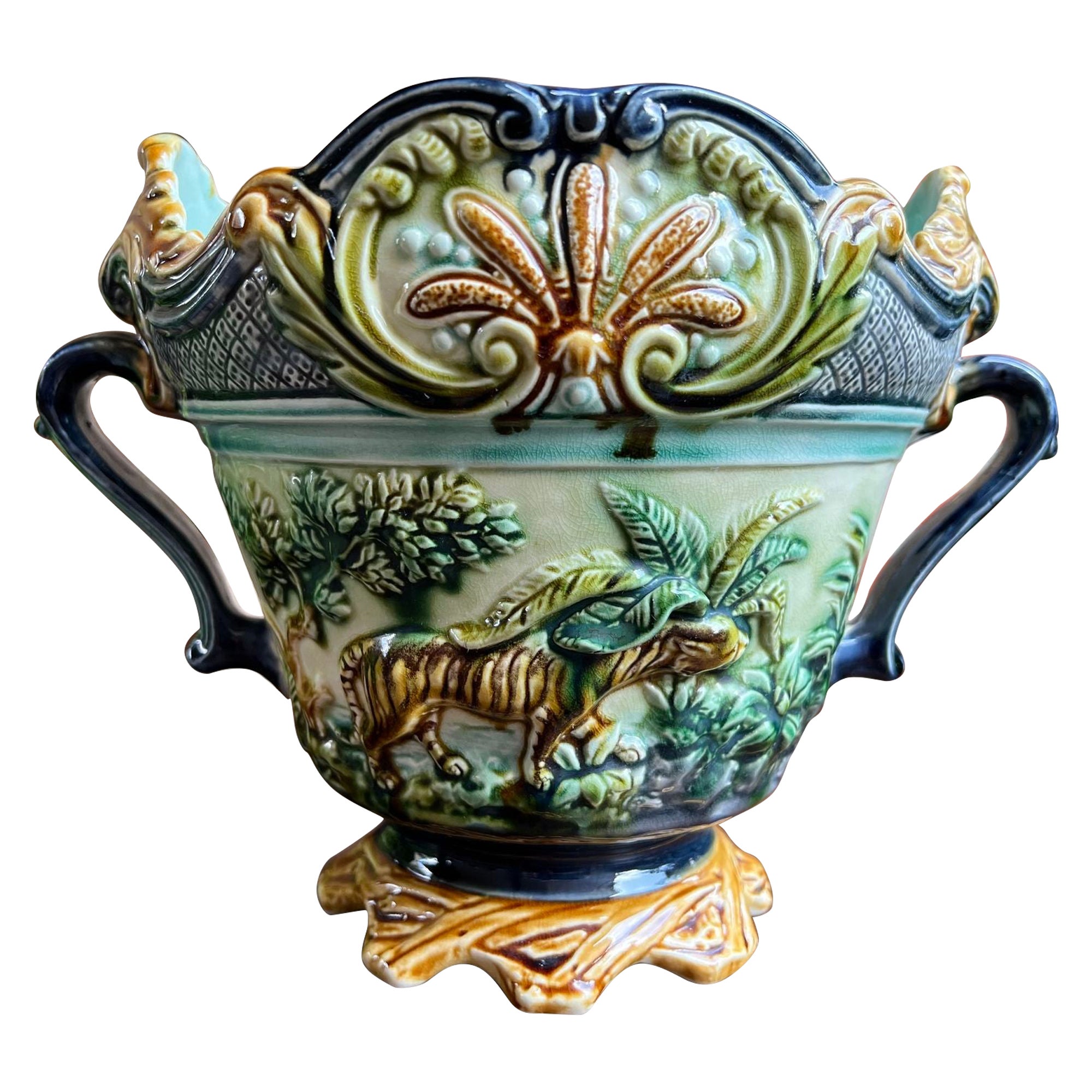 Antique French Majolica Jardinière Onnaing Tiger Monkey Jungle Cache Pot Planter
