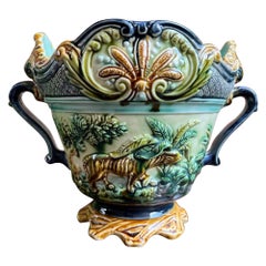 Antique French Majolica Jardinière Onnaing Tiger Monkey Jungle Cache Pot Planter